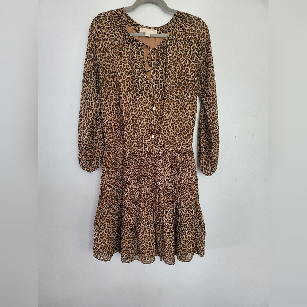 MICHAEL Michael Kors Georgette Cheetah Print Tie Neck Dress